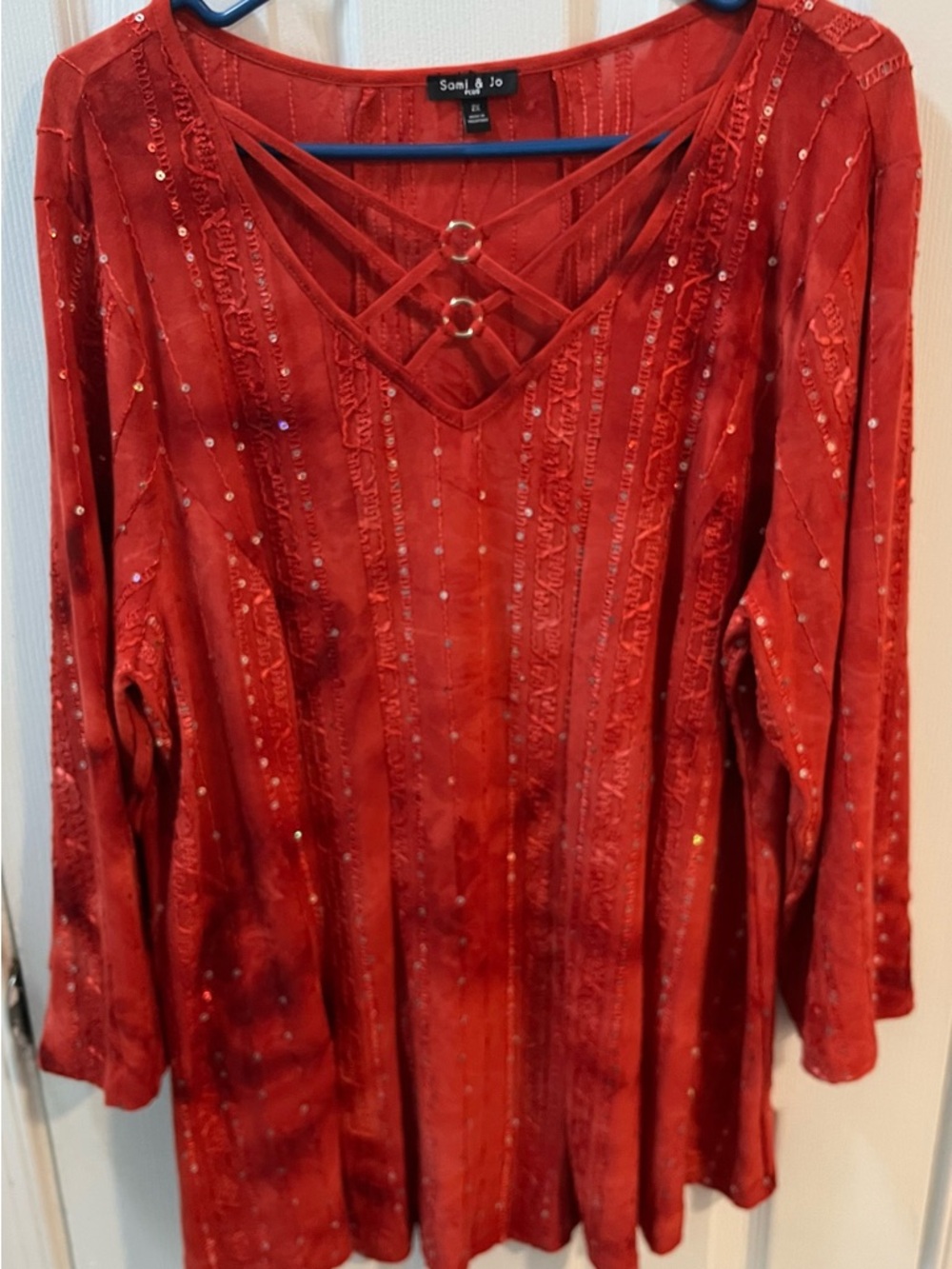 Sami & Jo Red Sequin-Trim Crisscross Glittery Sparkly Festive V-Neck Tunic